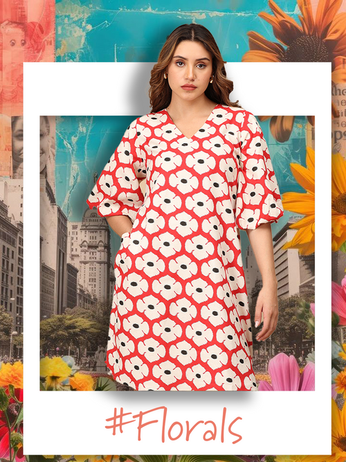 Woman wearing a red floral dress with a colorful background