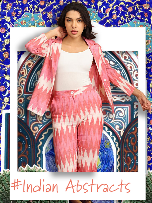 Woman in pink and white outfit with abstract patterns in the background, featuring '#Indian Abstracts' text.