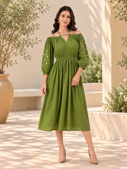 Quiet Olive Embroidered Women's Dress