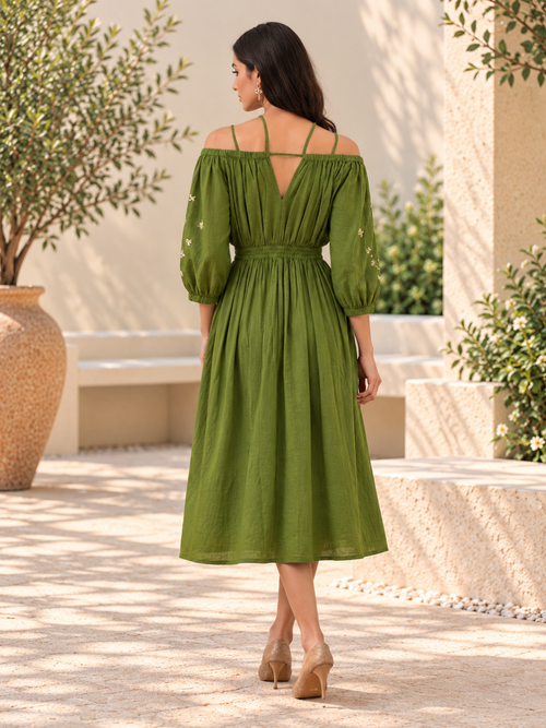 Quiet Olive Embroidered Women's Dress