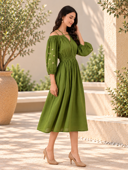 Quiet Olive Embroidered Women's Dress