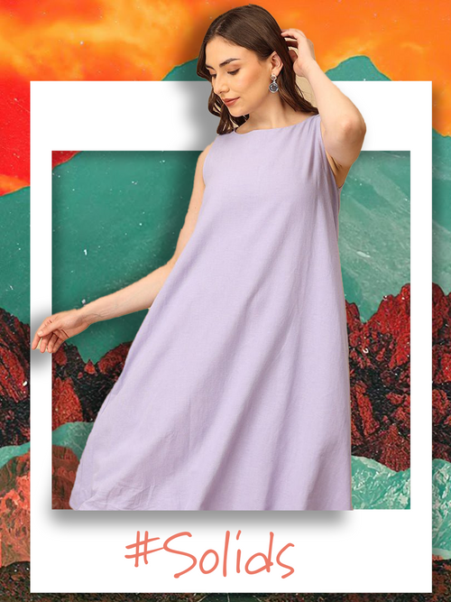Woman wearing a light purple dress against a colorful abstract background with '#Solids' text.