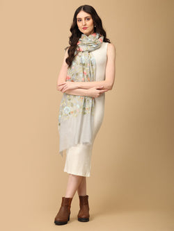 Onesize Grey Veil of Blooms Fine Wool Embroidered Stoles - Winter Stoles