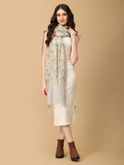 Onesize Grey Veil of Blooms Fine Wool Embroidered Stoles - Winter Stoles