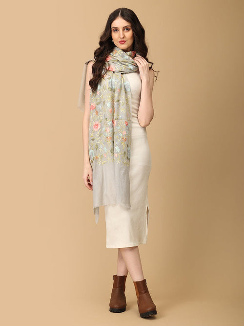 Onesize Grey Veil of Blooms Fine Wool Embroidered Stoles - Winter Stoles