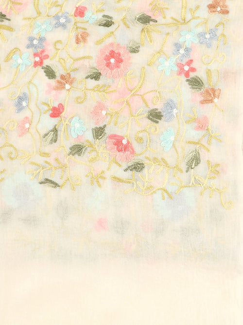 Off White Daisy Dance Fine Wool Embroidered Stoles - Winter Stoles