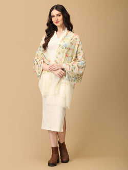Off White Daisy Dance Fine Wool Embroidered Stoles - Winter Stoles