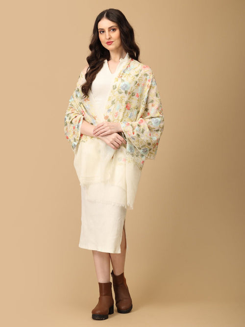 Off White Daisy Dance Fine Wool Embroidered Stoles - Winter Stoles