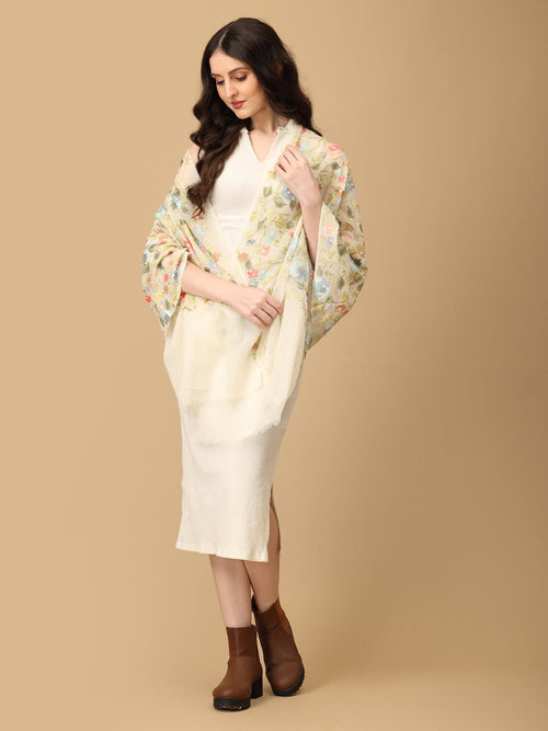 Off White Daisy Dance Fine Wool Embroidered Stoles - Winter Stoles