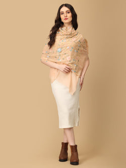 Peach Blush Bouquet Fine Wool Embroidered Stoles - Winter Stoles