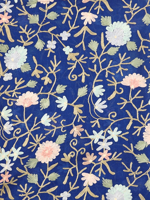 Royal Blue Blooming Azure Fine Wool Embroidered Stoles - Winter Stoles