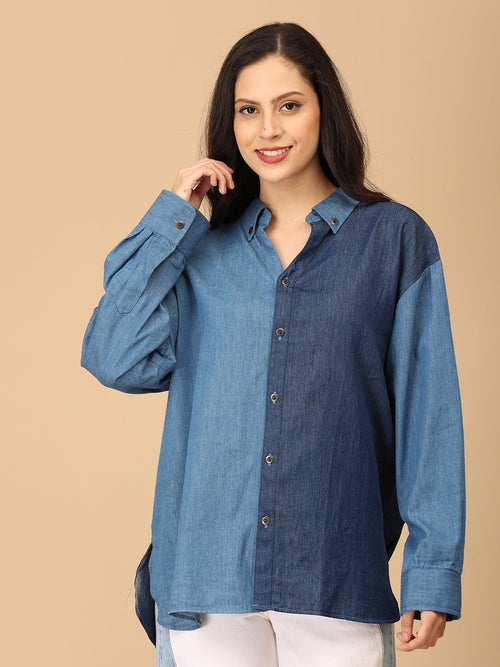 Blue Chambray Color Block Shirt - Women's Tops