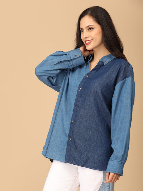 Blue Chambray Color Block Shirt - Women's Tops