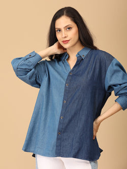 Chambray Color Block Shirt - Women's Tops
