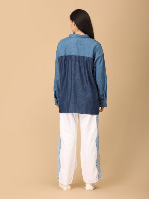 Blue Chambray Color Block Shirt - Women's Tops