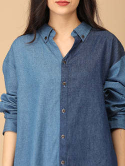 Chambray Color Block Shirt - Women's Tops
