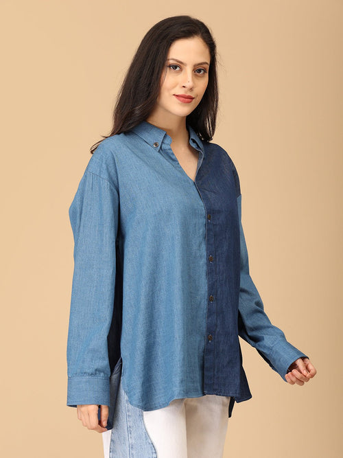 Blue Chambray Color Block Shirt - Women's Tops