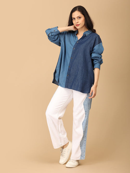 Blue Chambray Color Block Shirt - Women's Tops