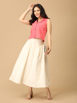 Coral and White Flare & Fizz Women's Skirt and Handloom Top Set - Women's Co-ord Set
