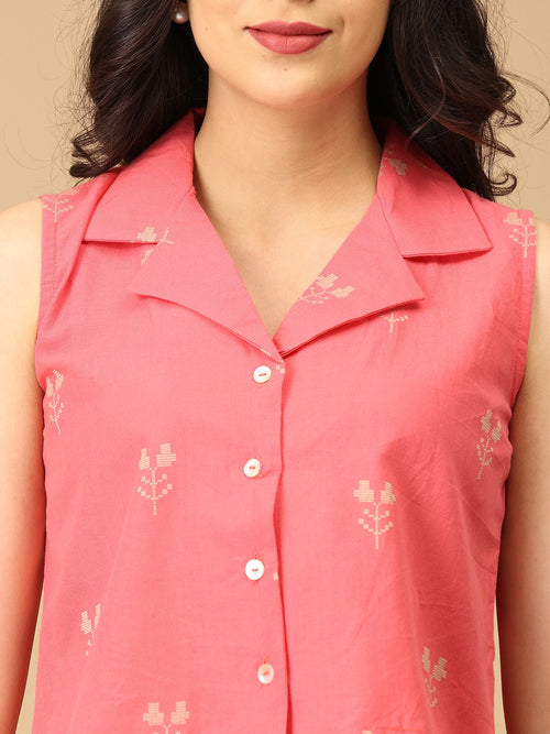 Coral and White Flare & Fizz Women's Skirt and Handloom Top Set - Women's Co-ord Set