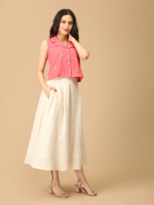 Coral and White Flare & Fizz Women's Skirt and Handloom Top Set - Women's Co-ord Set