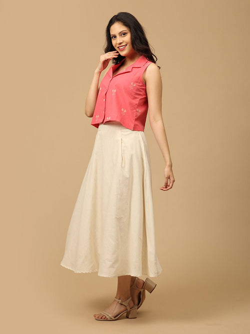 Coral and White Flare & Fizz Women's Skirt and Handloom Top Set - Women's Co-ord Set