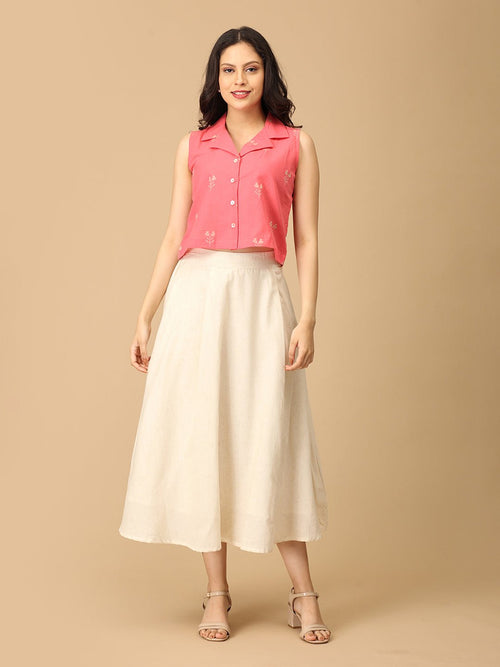 Coral and White Flare & Fizz Women's Skirt and Handloom Top Set - Women's Co-ord Set