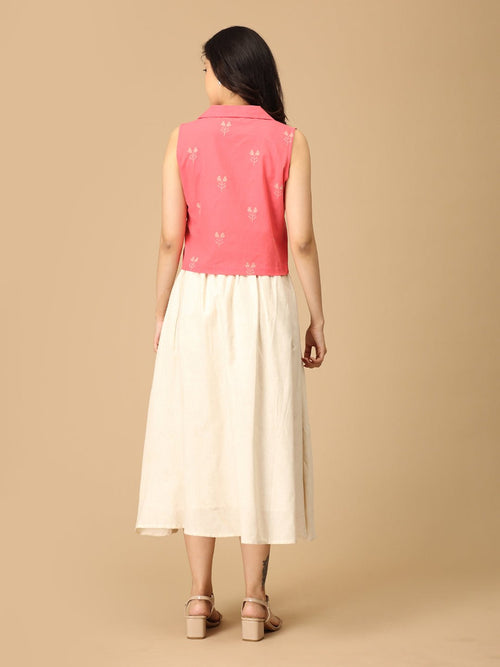 Coral and White Flare & Fizz Women's Skirt and Handloom Top Set - Women's Co-ord Set