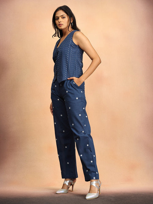 Dark Blue Nightfall Notes Women's Handloom Vest Pant Set - Women's Co-ord Set