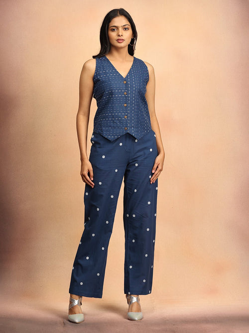 Dark Blue Nightfall Notes Women's Handloom Vest Pant Set - Women's Co-ord Set