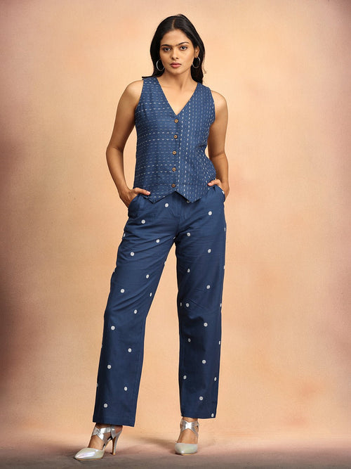 Dark Blue Nightfall Notes Women's Handloom Vest Pant Set - Women's Co-ord Set