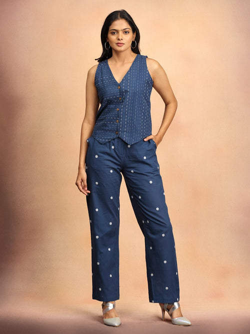 Dark Blue Nightfall Notes Women's Handloom Vest Pant Set - Women's Co-ord Set