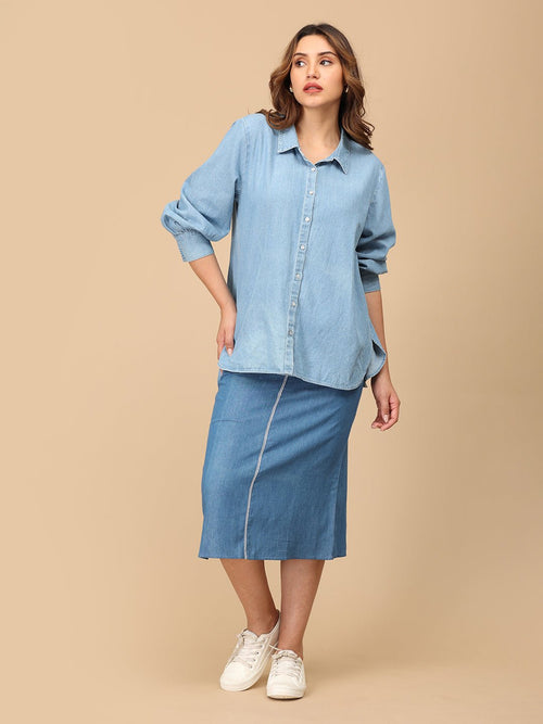 S Stonewashed Classic Women's Oversized Denim Shirt - Women's Tops