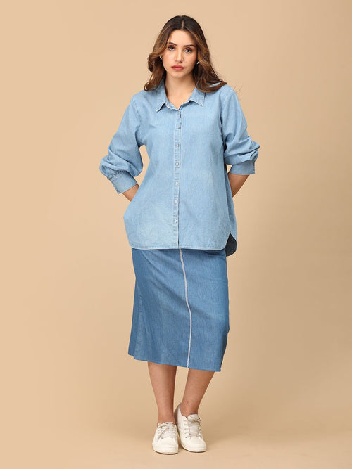 S Stonewashed Classic Women's Oversized Denim Shirt - Women's Tops