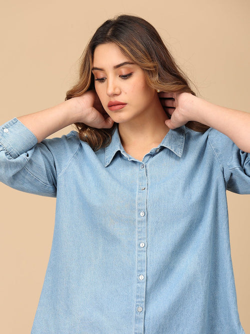 S Stonewashed Classic Women's Oversized Denim Shirt - Women's Tops
