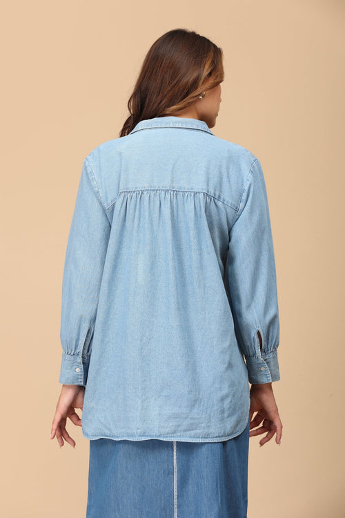 S Stonewashed Classic Women's Oversized Denim Shirt - Women's Tops