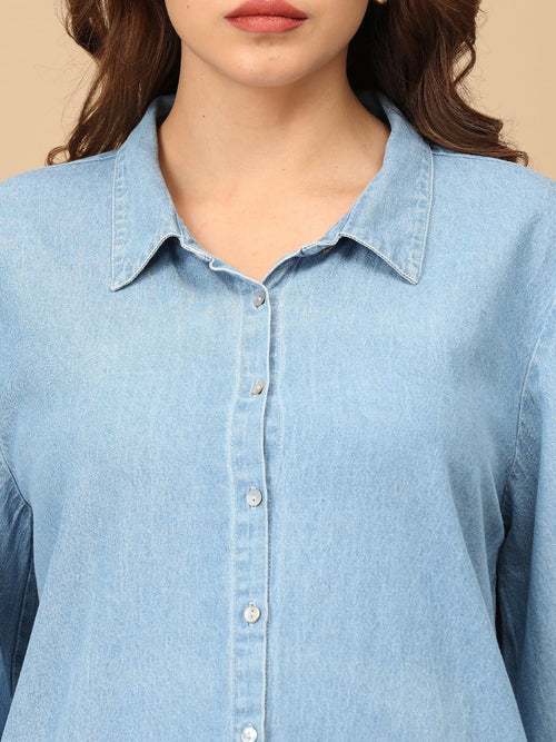 S Stonewashed Classic Women's Oversized Denim Shirt - Women's Tops