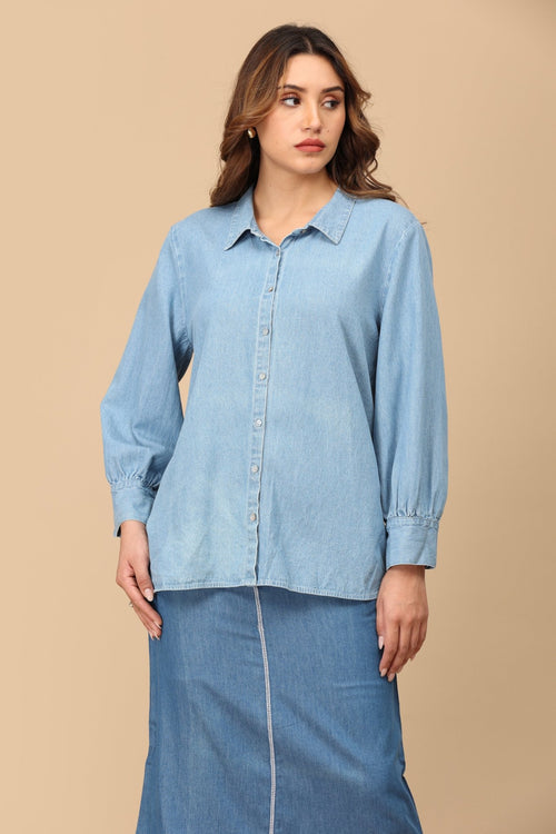 S Stonewashed Classic Women's Oversized Denim Shirt - Women's Tops
