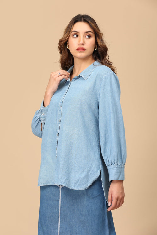 S Stonewashed Classic Women's Oversized Denim Shirt - Women's Tops
