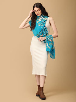 Teal Teal & Petals Fine Wool Embroidered Stoles - Winter Stoles