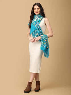 Teal Teal & Petals Fine Wool Embroidered Stoles - Winter Stoles