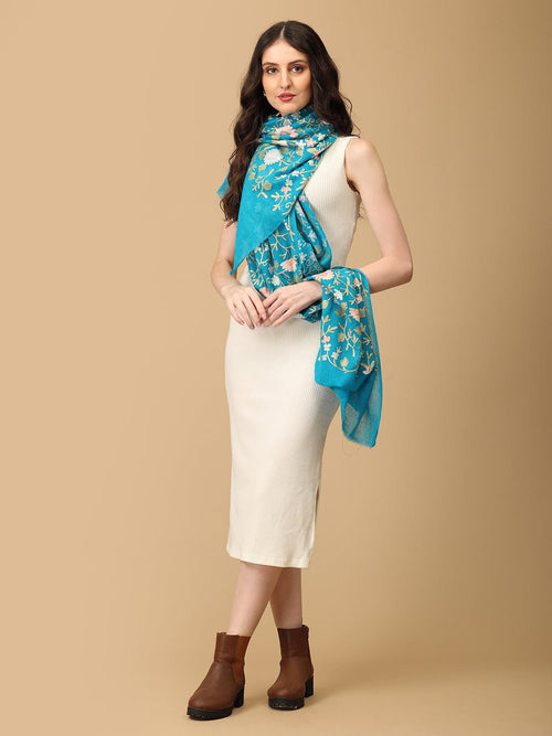 Teal Teal & Petals Fine Wool Embroidered Stoles - Winter Stoles