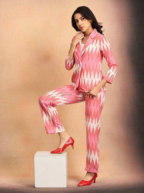XS Blush Ikat Women's Handloom Blazer and Pant Set - Women's Co - ord Set