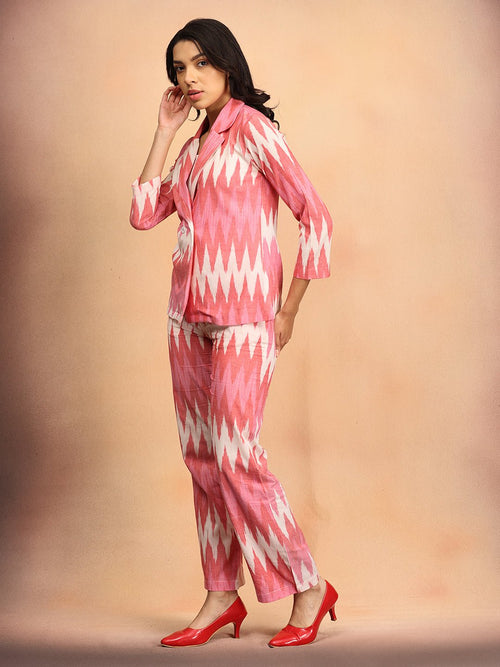 XS Blush Ikat Women's Handloom Blazer and Pant Set - Women's Co - ord Set