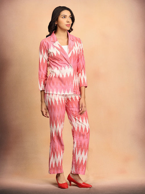 XS Blush Ikat Women's Handloom Blazer and Pant Set - Women's Co - ord Set